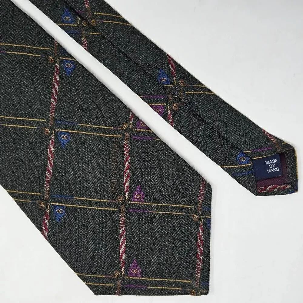 POLO SPORT RALPH LAUREN SILK TIE HAND MADE GREEN GOLF FLAG HERRINGBONE 4" X 58"